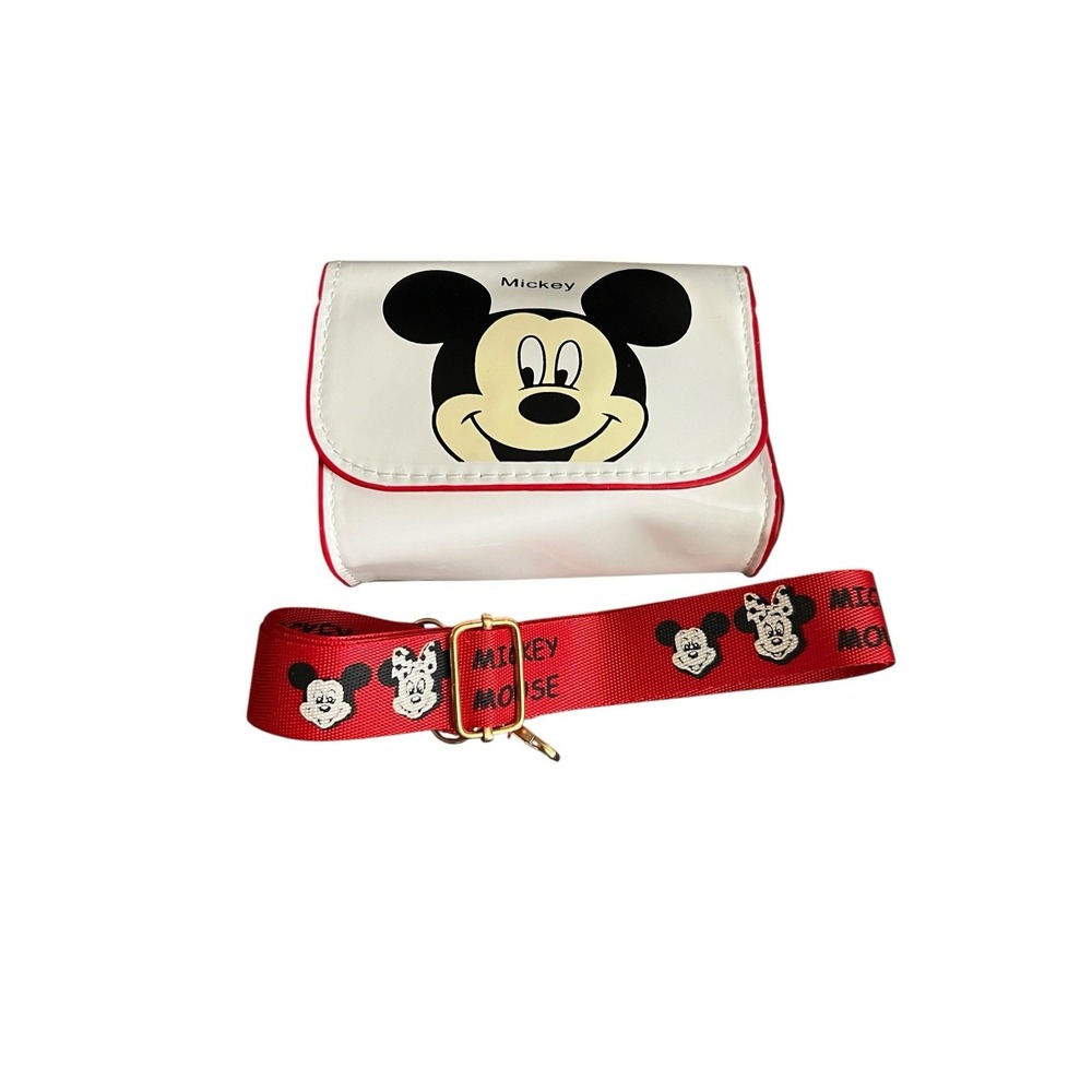 Disney Mickey Mouse White Patent Leather Mini Crossbody Bag with Strap Red
